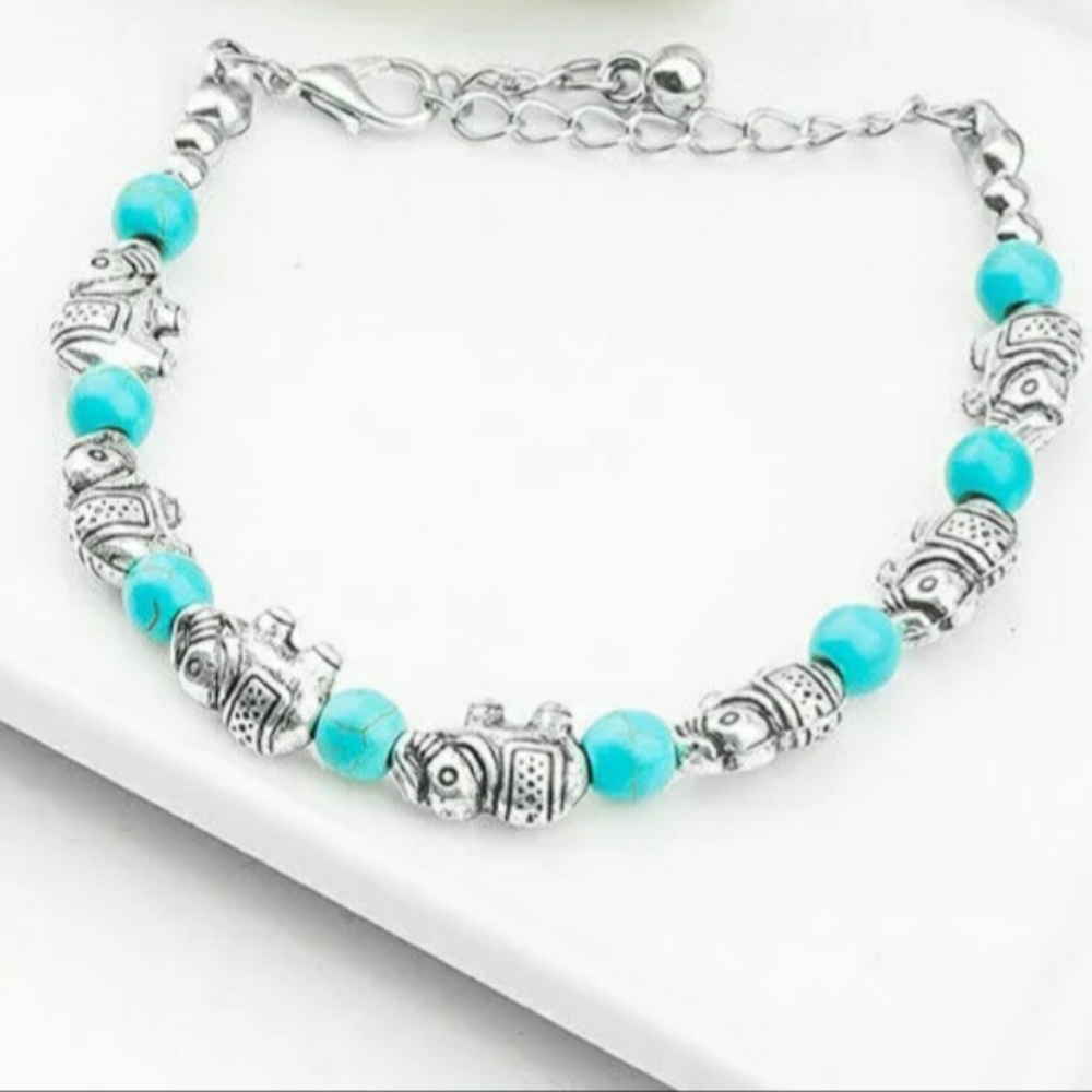 NEW Turquoise and Silver Tibetin Boho Elephant Bracelet